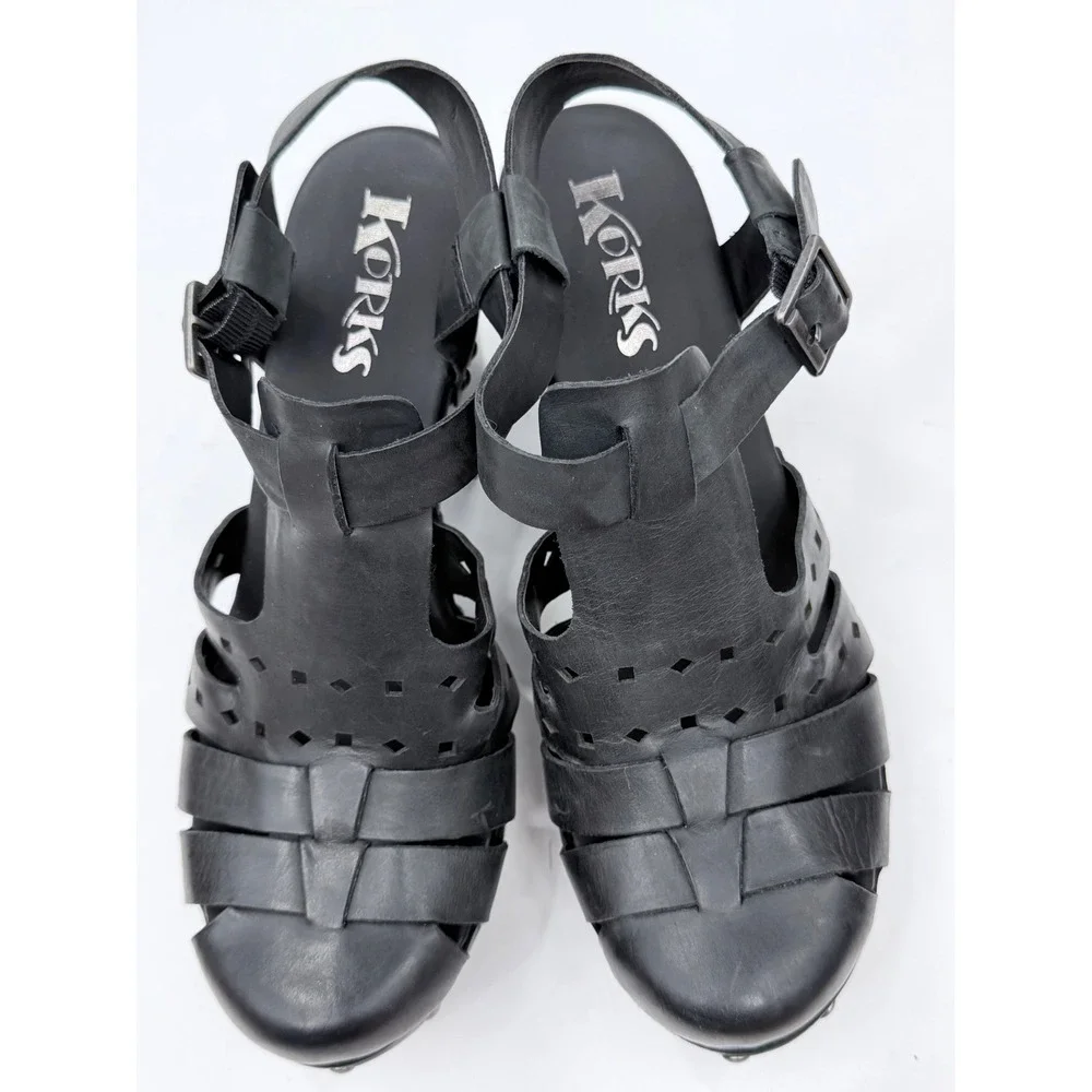 Korks Platform Sandals Womens 8 Black Leather Studded Wood Heel